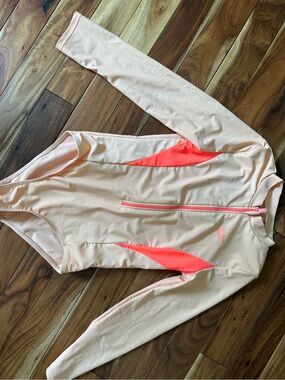 Reebok Kids Long Sleeve Rashguard Swimsuit - Light Pink with Neon Coral Accents
